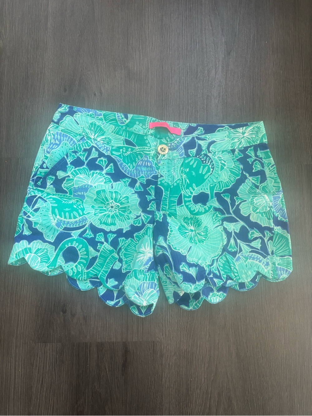 Lilly Pulitzer Teal and Navy Floral Scalloped Shorts